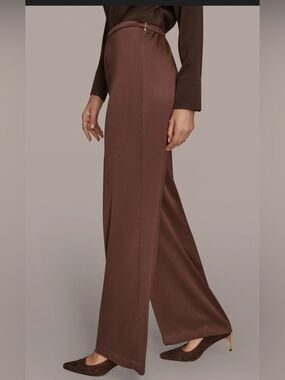 Donna Karan Women Chocolate Plum Satin Pull On Wide Leg Trousers Gold Zip Large